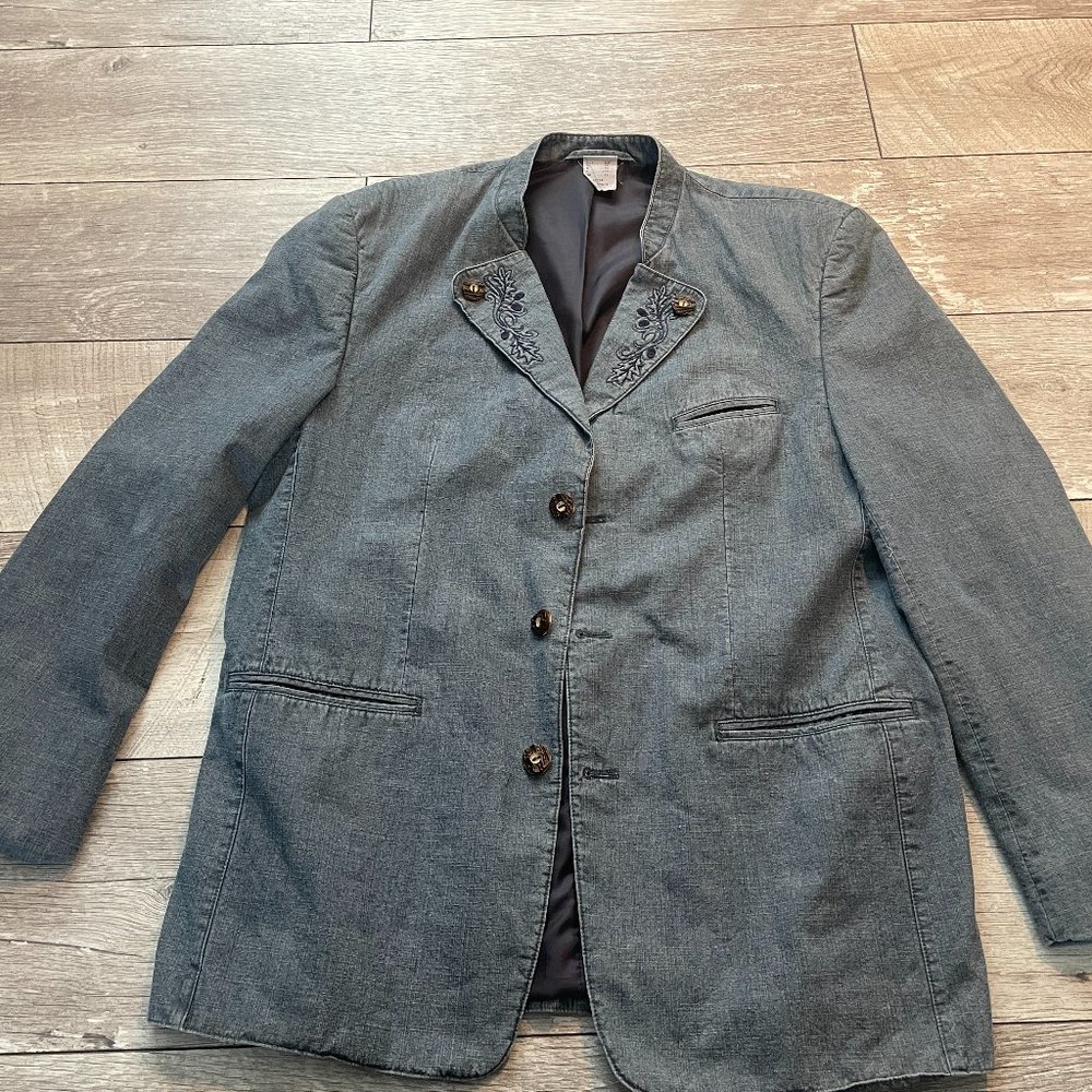 Handcrafted Men's Tyrol Loden Trachten Jacket Denim German Bavarian XL